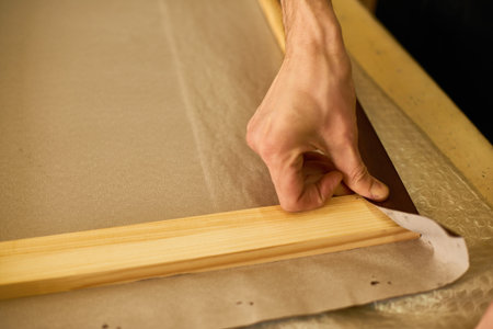 Man stretching canvas over wooden frame with hand visible, carefully pulling fabric to secure...