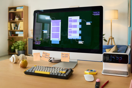 Modern workspace featuring large desktop computer displaying user interface wireframes, wireless...
