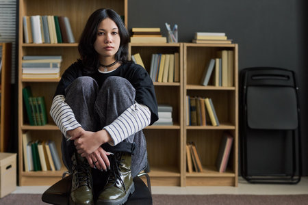 Portrait of young Asian woman sitting on chair with knees drawn to chest looking at camera with bookshelves in backgroundの写真素材