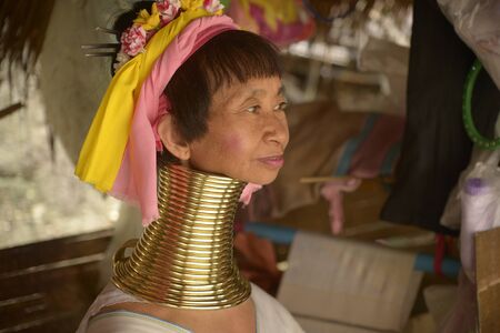 Ayutthaya, Thailand - September - 13 - 2015 Padaung woman with traditional dress in Thailandのeditorial素材