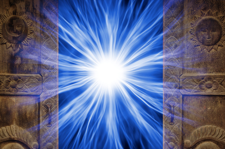 Open doors with energy and rays insideの写真素材