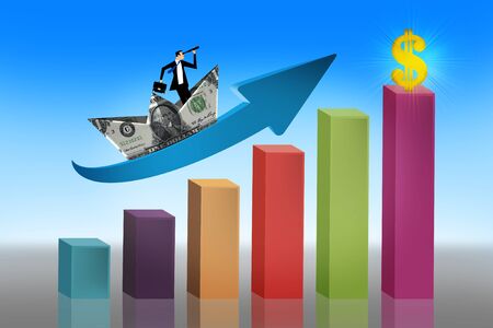 Infographics of economic data with man inside boatの写真素材