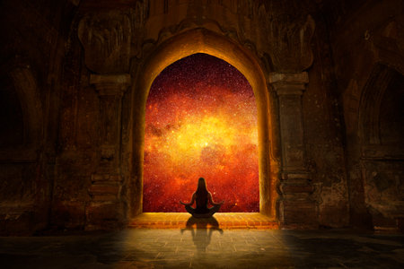 Woman with yoga pose in buddhist templeの写真素材