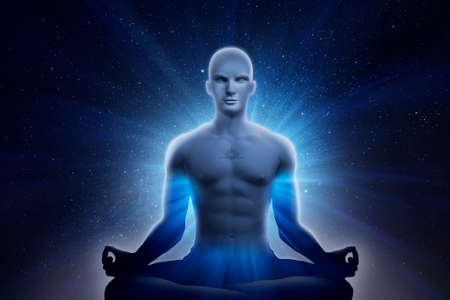 Strong man lotus pose with energy raysの写真素材