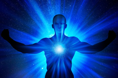 Strong man lotus pose with energy raysの写真素材