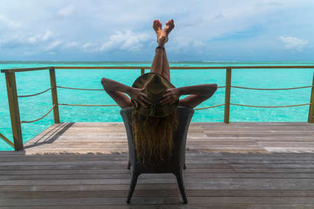 Woman on the Maldives beachの写真素材