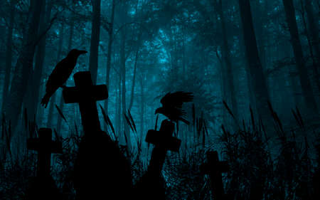 Panoramic cemetery with a raven on a crossの写真素材