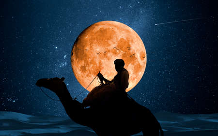Tuareg silhouette in the desert in front of the moonの写真素材