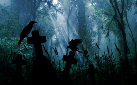 Panoramic cemetery with a raven on a crossの写真素材
