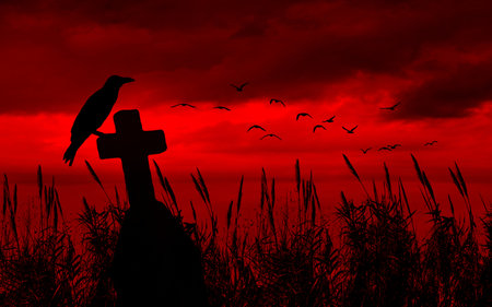 Panoramic cemetery with a raven on a crossの写真素材