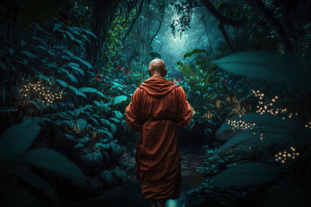 Buddhist monk standing in the jungle and looking at the light. Generative AIの素材