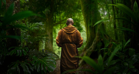 Rear view of a monk walking in the rainforest. Generative AIの素材