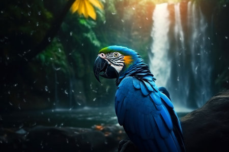 Blue macaw parrot in the rain forest with waterfall background. Generative AIの素材