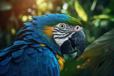 Beautiful blue and yellow macaw parrot on green nature background. Generative AIの素材