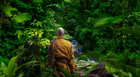 Rear view of a Buddhist monk in a rainforest looking at a waterfallの素材