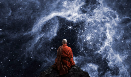 Buddhist monk sitting on top of a mountain and looking at the Milky Wayの素材