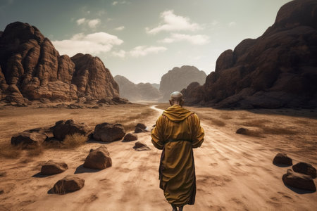 Rear view of Buddhist monk walking in the desert during sunset.の素材