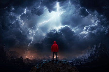 Man observes an epic landscape with flames and stormyの素材