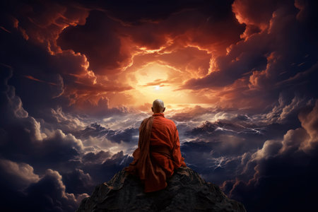 Buddhist monk sitting on the top of a mountain and looking at the sunsetの素材