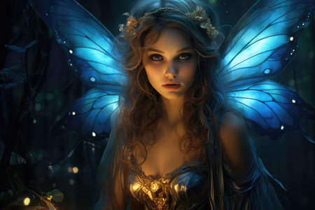 Fantasy fairy with blue wings in the forest. Fairy tale.の素材