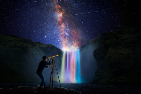 Man looking at the milky way with a telescope, Iceland.の写真素材