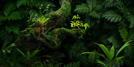 Tropical rainforest with green leaves and ferns.