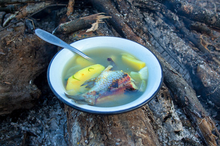 Fish soup in iron plat stands near the bonfire

の写真素材