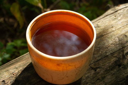 A cup of black hot tea in the autumn morning in a forest on a fallen treeの写真素材