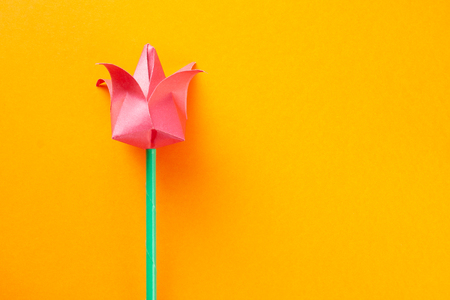Pink paper tulip on orange background. March 8 and women's day concept. Handmade origami tulip with copyspaceの写真素材