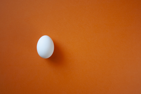 One single white egg on the bright red background with space for text. White easter egg minimal composition. Easter clean blank.の写真素材