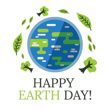 World earth day concept. Earth with leaves and trees around it in flat and hand drawn style. Simple earth map. Earth day celebrtaion. April 22. Vector illustration.のイラスト素材