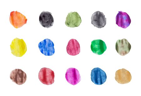 Set of watercolor paint dots. Watercolor blobs. Set of colorful gouache  hand painted circles isolated on white background. Design element for artistic design. Color stains, blobs of different colorsのイラスト素材