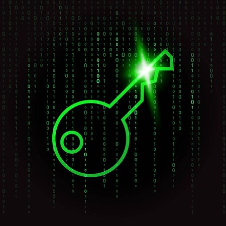 green sparkling key on a background of green binary code Matrix vector illustration. Concept, blockchain symbol, internet security, privacy, identity, security of personal dataのイラスト素材