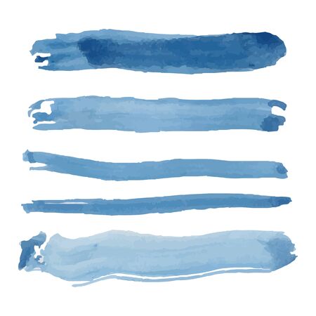 Set of Five blue colored vector paintbrush strokes isolated on white background. Hand paint blue brushes lines isolatedのイラスト素材