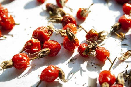 Many rose hips are dried in the sun macro close up. Healthy natural vitamin berries for tea. Natural medical antioxidantの写真素材