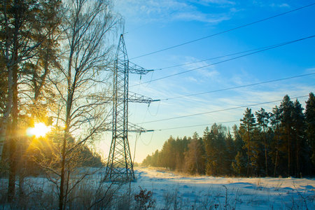 power lines pass through a winter forest with snowdrifts in the early winter morning with bright...