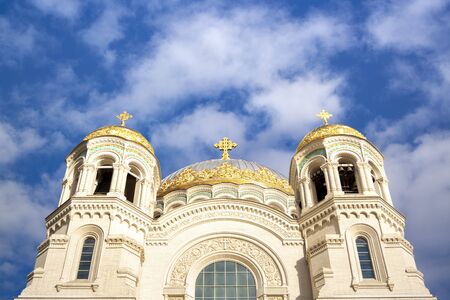 Nicholas the wonderworker's church on Anchor square in kronstadt town Saint Petersburg.の写真素材