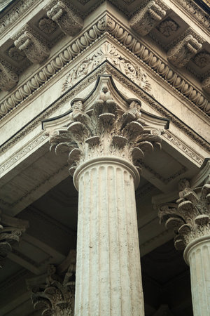 Beautiful carved column upward view. Kazan Cathedral architecture close up vertical 