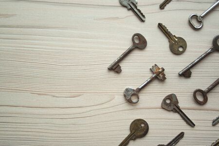 Top view of many old rusty keys background. Many keys Access, security, enter, choice, solutions of problems concept, symbolの写真素材