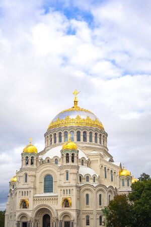 Nicholas the wonderworker's church on Anchor square in kronstadt town Saint Petersburg. Naval christian cathedral church in russia with golden domeの写真素材