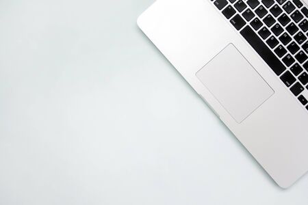 Work and creativity concept. Laptop top view flat lay photo with copyspace. Computer and office aboveの写真素材