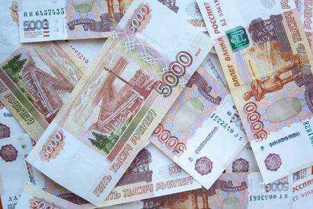 Rouble 5000 banknotes background top view. Texture of banknotes russian moneyの写真素材
