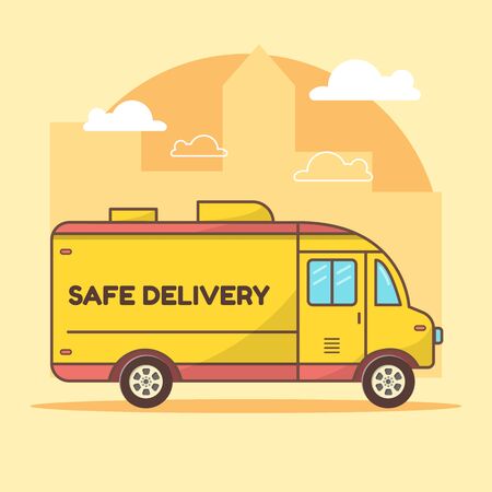 Delivery truck in town. flat style, vector stock illustration. safe delivery service concept, courier service, goods shipping, online food ordering. Safe delivery during quarantineのイラスト素材