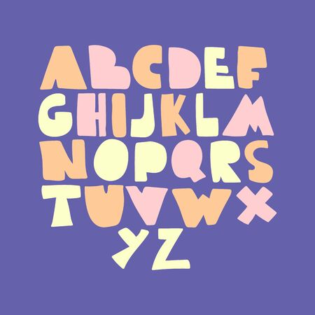 Alphabet hand drawn letters font in folk nordic style. Bold capital letters in kids pastel colors. ABC nurcery childish font on blue background. Yellow, pink, orangeのイラスト素材
