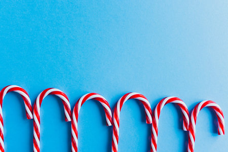 Christmas candy canes and fir branches flat lay