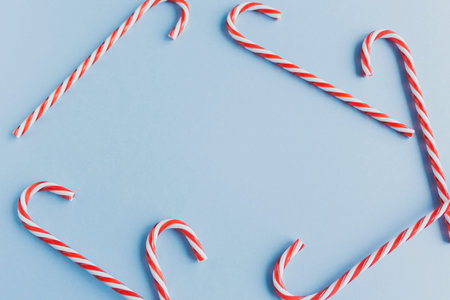 Christmas candy canes and fir branches flat lay