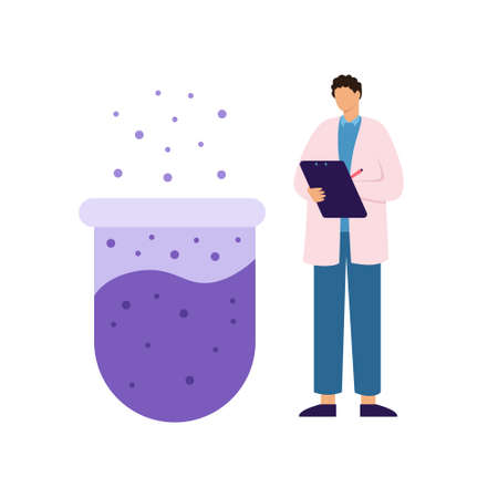 Man scientist observing a chemical reaction. Test tube liquid is boilingのイラスト素材