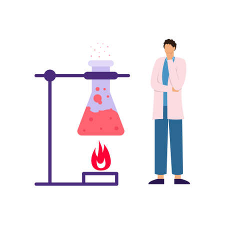 Man scientist observing a chemical reaction. Test tube is heated over fireのイラスト素材