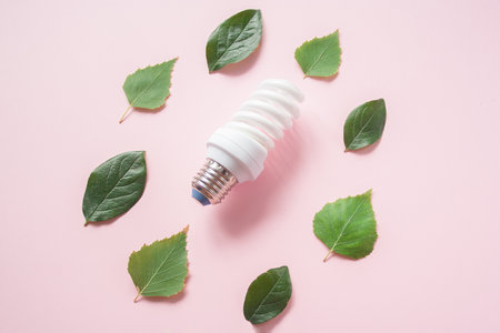 Light bulb with green leaves on pink backgroundの写真素材