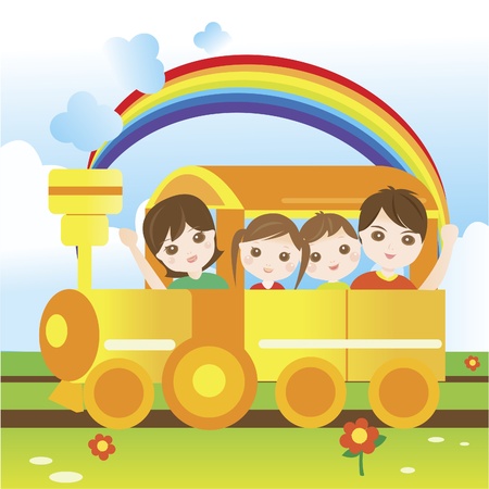 Happy family riding trainのイラスト素材